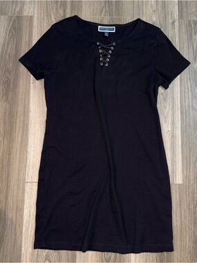 Karen Scott 100% Cotton Solid Black Lace Up Detail T-Shirt Dress Size Petite Lg